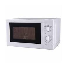 Microwave Grill Electrolux seri EMM2027GX berwarna hitam dengan aksen perak pada panel kontrol. Memiliki kapasitas 20 liter, pintu kaca transparan dengan pegangan tarik (pull handle), dan dua kenop putar manual untuk pengaturan tingkat daya serta waktu.