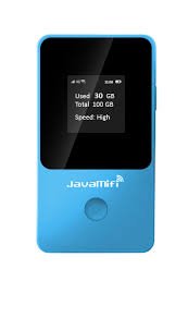 Modem WiFi JavaMifi warna biru dengan layar LCD yang menampilkan informasi kuota 100GB dan status sinyal.
