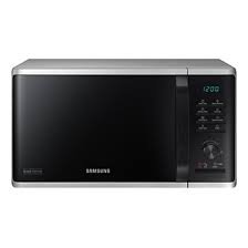 Microwave grill Samsung seri MG23K3505AK/SE berwarna hitam elegan berkapasitas 23 liter. Menampilkan pintu kaca gelap, panel kontrol digital dengan tombol tekan dan putar (tact and dial), serta logo Samsung di bagian pojok kanan atas.