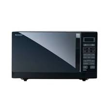 Microwave Grill Sharp seri R-728(K) berwarna hitam pekat dengan desain pintu kaca reflektif tanpa pegangan (push-to-open). Di sisi kanan terdapat panel kontrol digital yang dilengkapi dengan layar LED dan tombol sentuh untuk pengaturan menu otomatis serta waktu.
