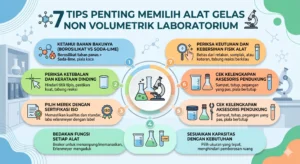 Infografis berjudul '7 Tips Penting Memilih Alat Gelas Non Volumetrik Laboratorium' dengan diagram lingkaran di tengah yang menjabarkan poin tips bahan baku, ketebalan dinding, sertifikasi ISO, fungsi alat, kapasitas, aksesoris pendukung, hingga kebersihan fisik alat.