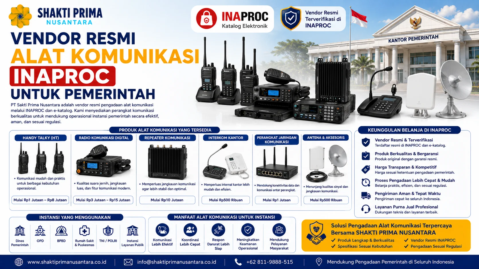 Vendor Resmi Alat Komunikasi INAPROC untuk Pemerintah dengan produk handy talky, radio komunikasi digital, repeater, dan antena komunikasi dari Shakti Prima Nusantara.