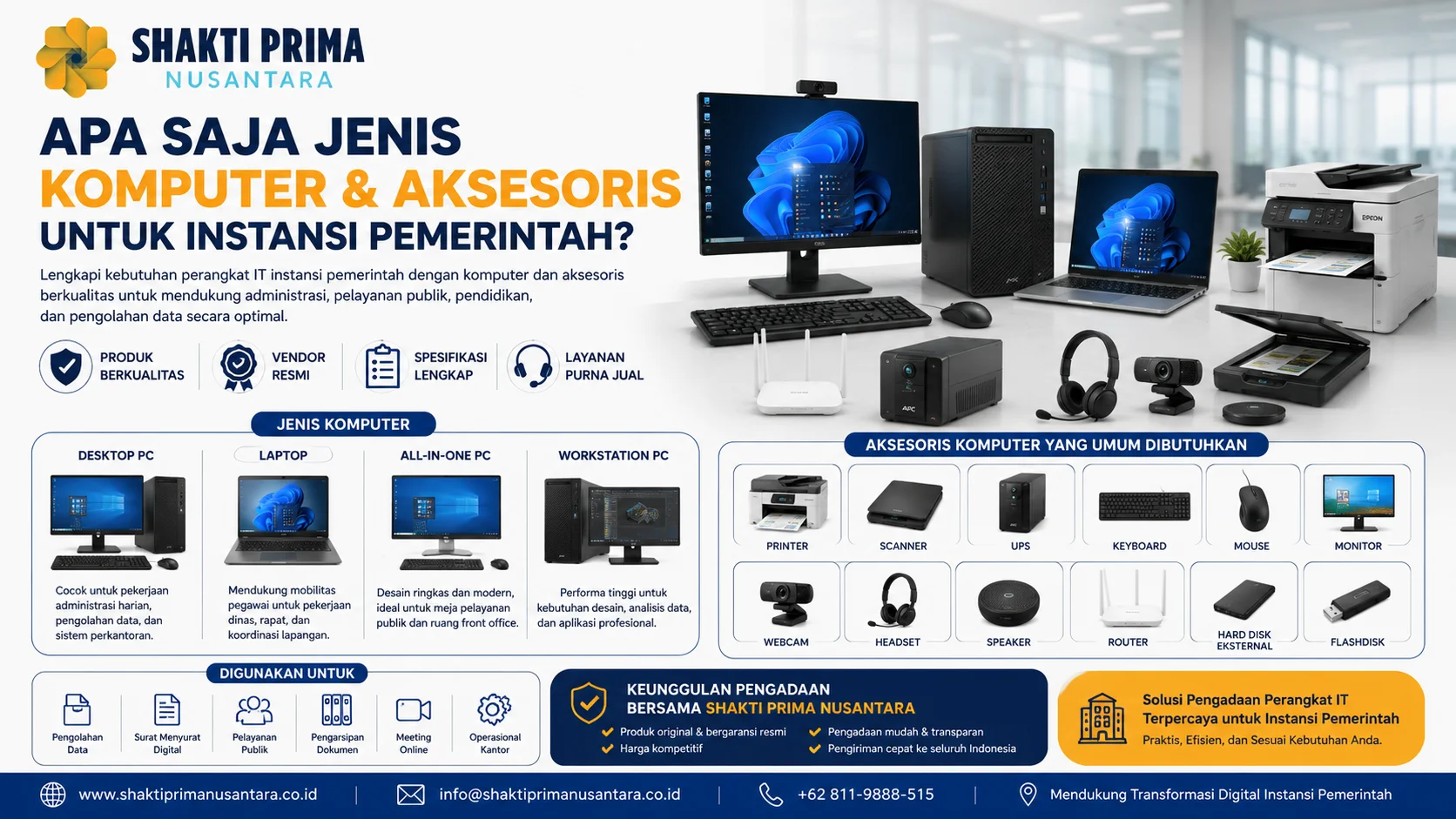 Jenis komputer dan aksesoris untuk instansi pemerintah seperti desktop PC, laptop, printer, scanner, UPS, webcam, dan router dari Shakti Prima Nusantara.