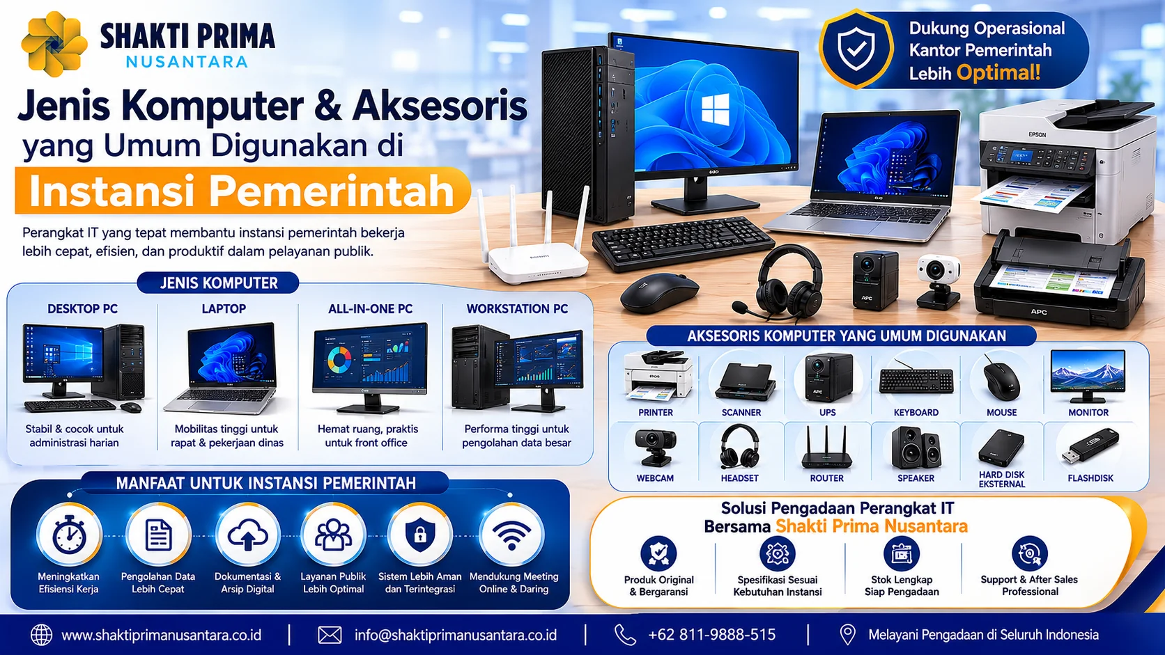 Aksesoris komputer yang sering dibutuhkan instansi pemerintah untuk mendukung administrasi digital, pelayanan publik, meeting online, dan operasional kantor.