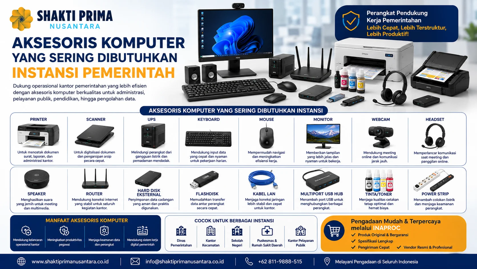 Pengadaan komputer dan aksesoris instansi pemerintah melalui INAPROC dengan perangkat IT resmi seperti monitor, keyboard, headset, printer, dan hard disk eksternal.