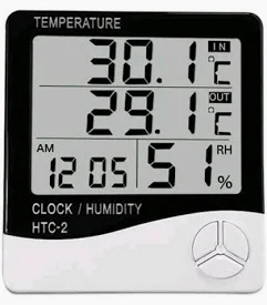 Termohigrometer Digital HTC-2 untuk mengukur suhu ruangan (indoor), suhu luar (outdoor), serta kelembaban udara (humidity), dilengkapi dengan fitur jam digital dan alarm.