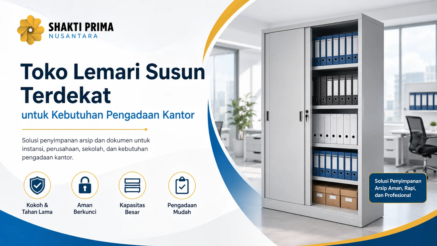 Banner produk lemari susun kayu dengan informasi ukuran kecil, sedang, dan besar lengkap dengan kisaran harga untuk kebutuhan kantor dan instansi.