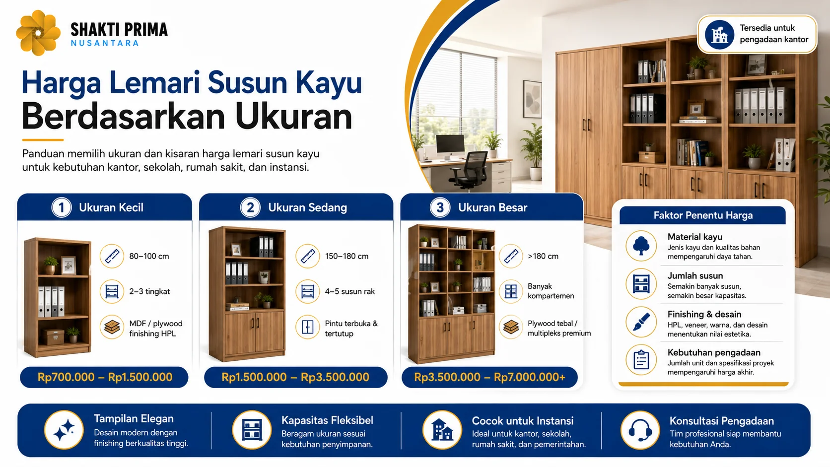 Ilustrasi lemari susun kayu ukuran kecil untuk penyimpanan dokumen harian di ruang kerja, meja administrasi, dan ruang staf.