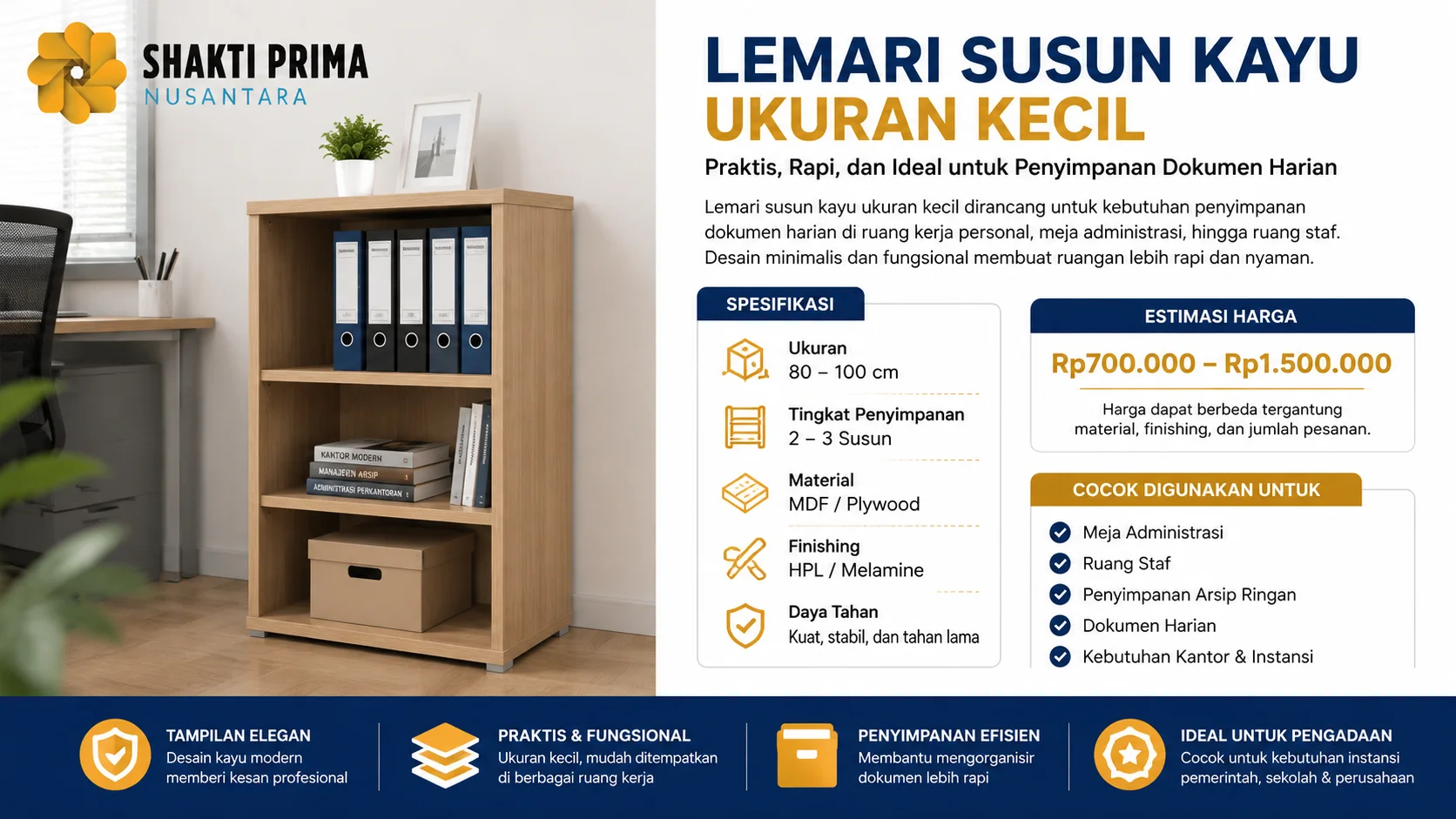 Ilustrasi lemari susun kayu ukuran kecil untuk penyimpanan dokumen harian di ruang kerja, meja administrasi, dan ruang staf.