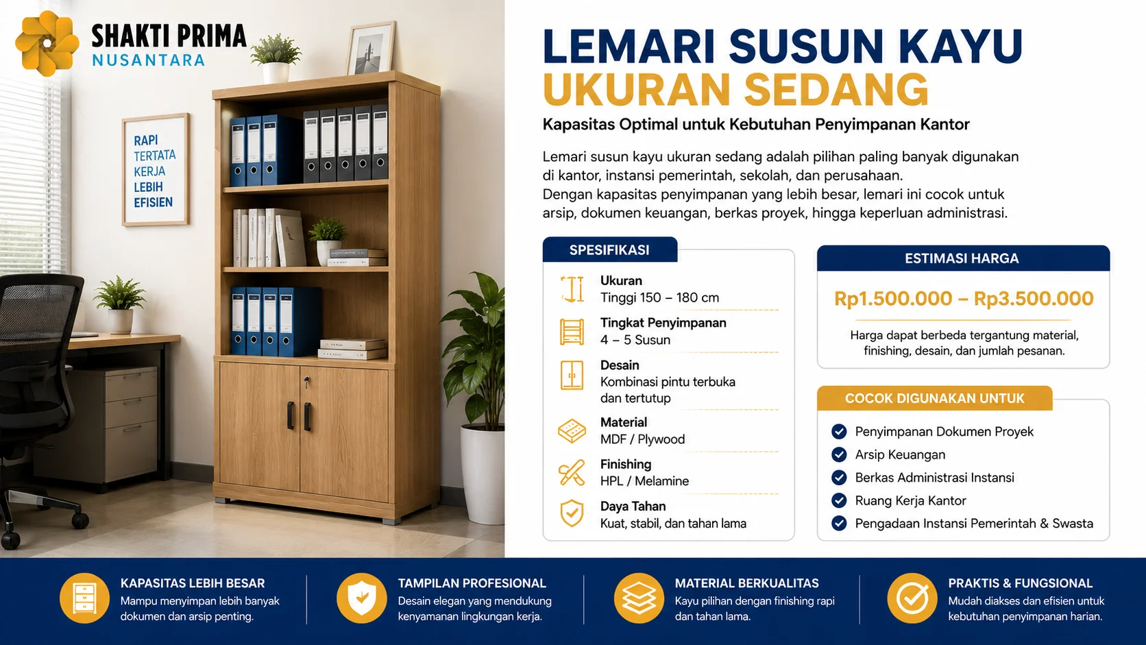 Gambar promosi lemari susun kayu ukuran sedang dengan kapasitas 4 sampai 5 susun untuk arsip keuangan, dokumen proyek, dan berkas administrasi.