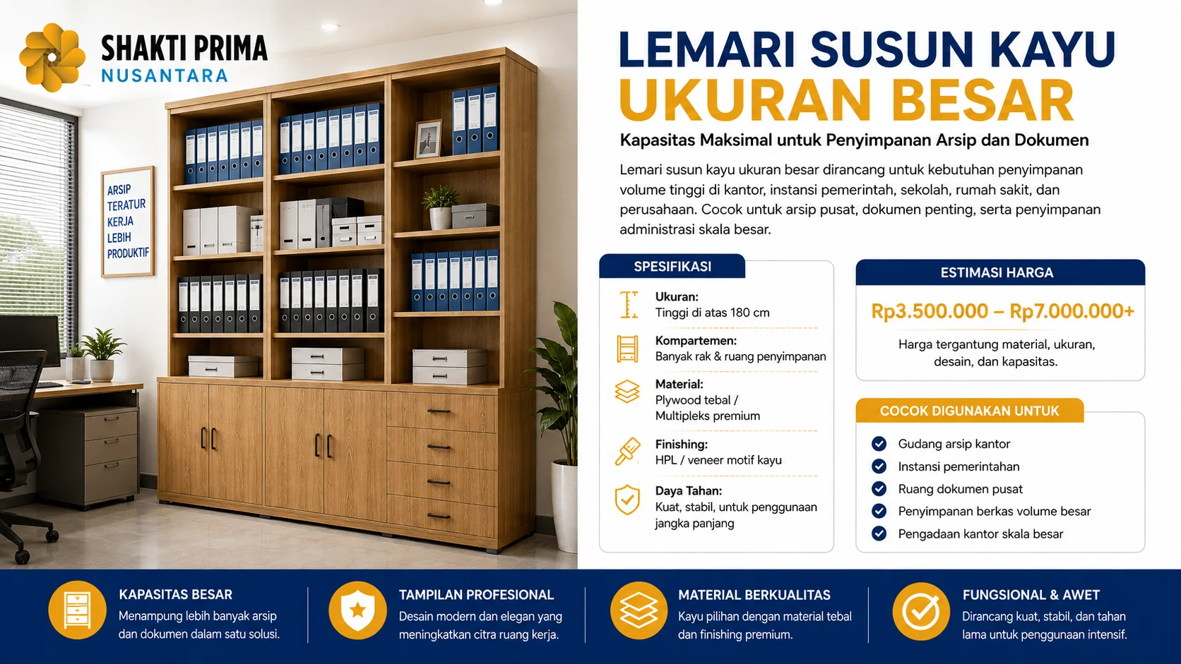 Visual lemari susun kayu ukuran besar dengan banyak rak dan kompartemen untuk gudang arsip, ruang dokumen pusat, dan pengadaan kantor skala besar.