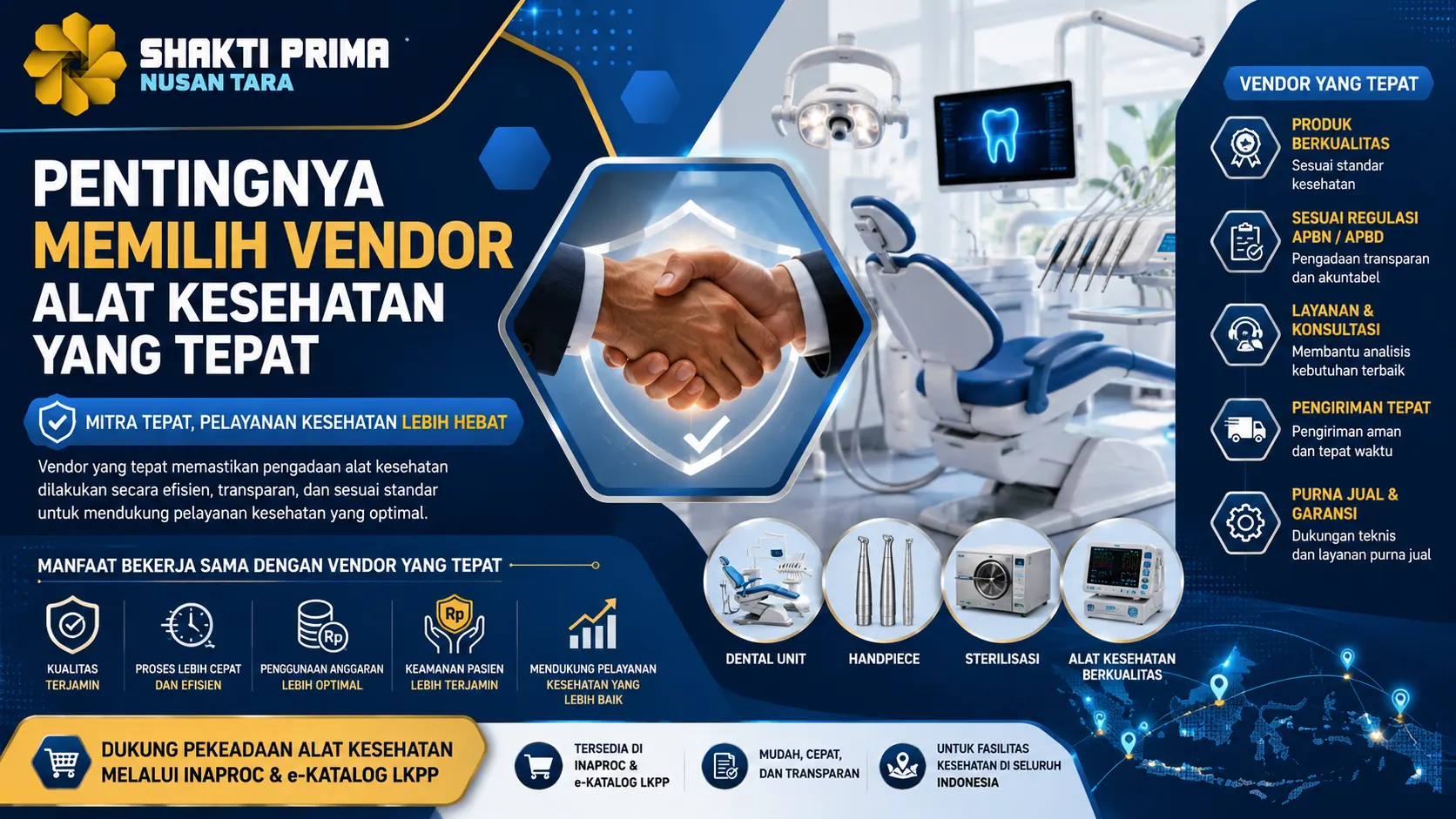 pentingnya memilih vendor alat kesehatan yang tepat dengan ilustrasi jabat tangan profesional, peralatan dokter gigi modern, dan simbol kualitas untuk mendukung pengadaan alat kesehatan yang efisien dan sesuai standar.