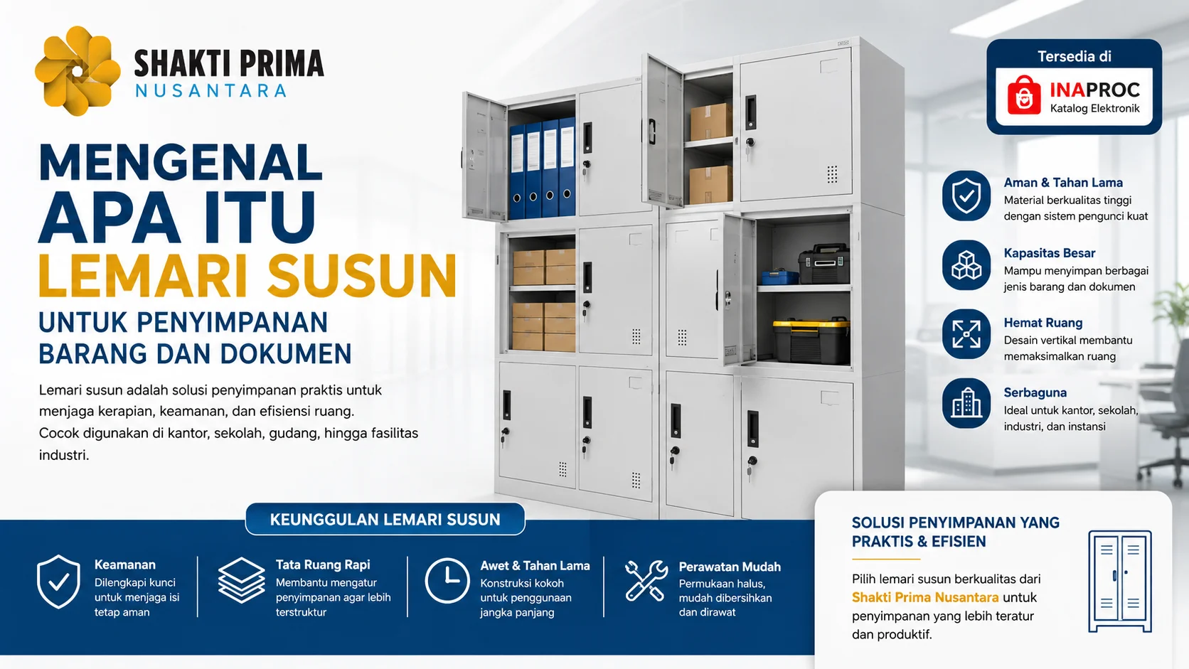 Banner produk lemari susun berdasarkan material, menampilkan pilihan lemari susun besi, lemari susun plastik, dan lemari arsip bertingkat untuk kebutuhan kantor dan instansi.