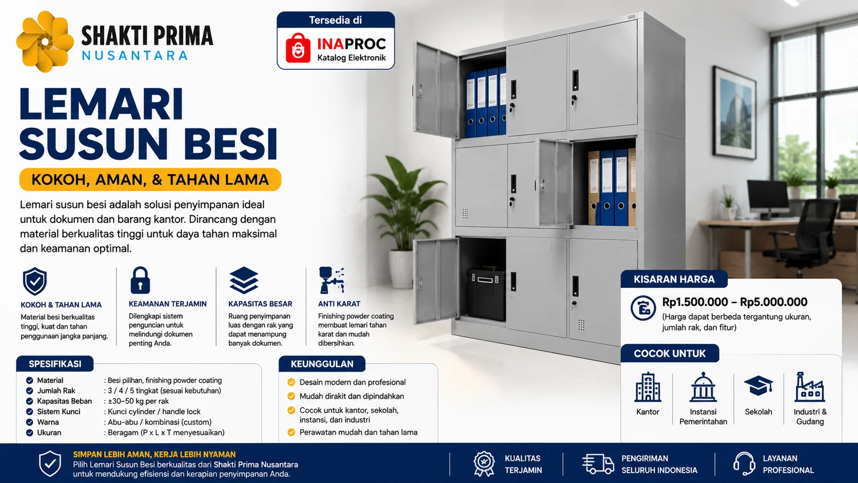 Ilustrasi lemari susun besi Shakti Prima Nusantara dengan pintu pengunci, rak dokumen, dan ruang penyimpanan besar untuk kantor, sekolah, gudang, dan industri.