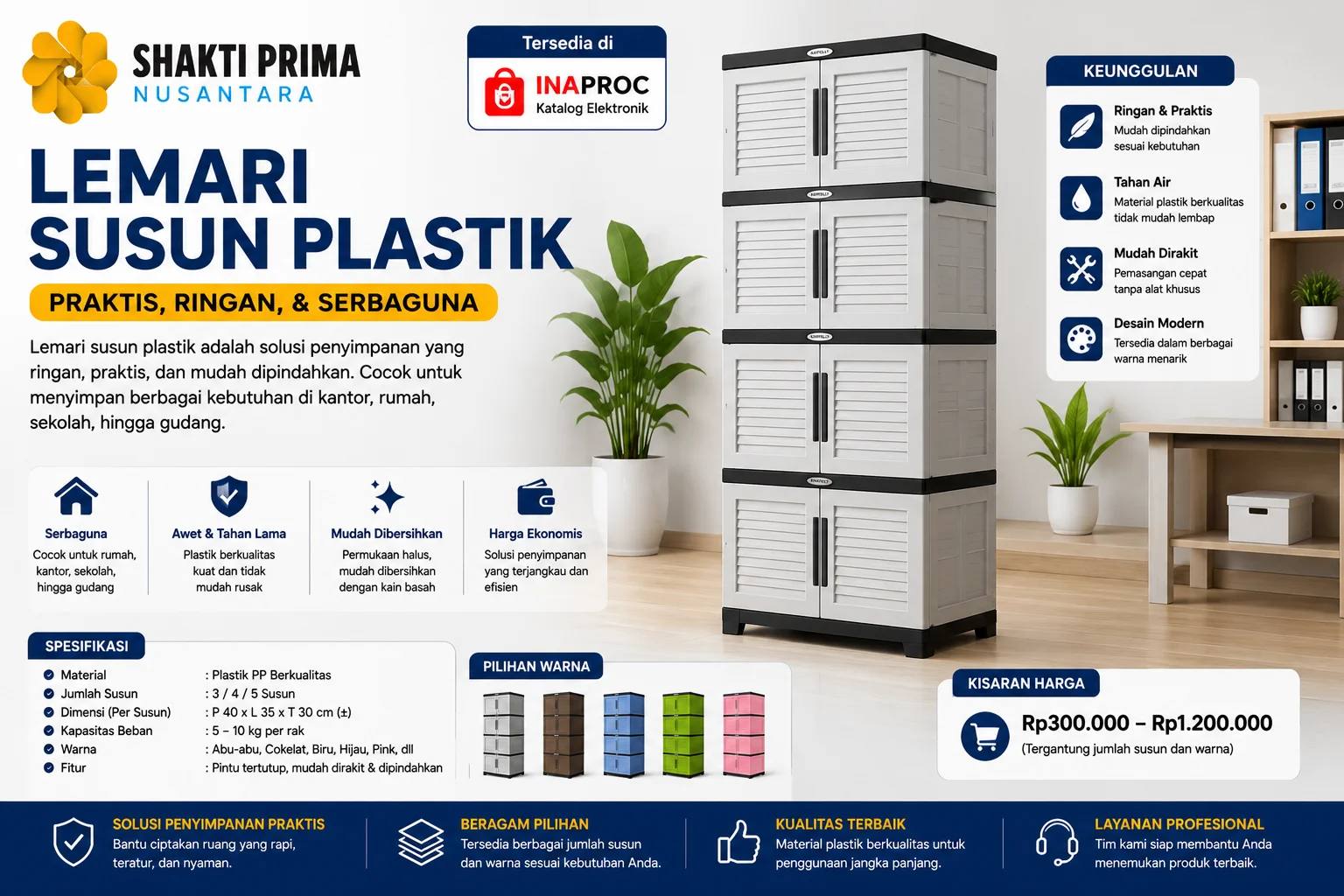 Gambar promosi lemari susun plastik yang ringan, praktis, mudah dipindahkan, dan cocok untuk penyimpanan barang di kantor, rumah, sekolah, maupun gudang.