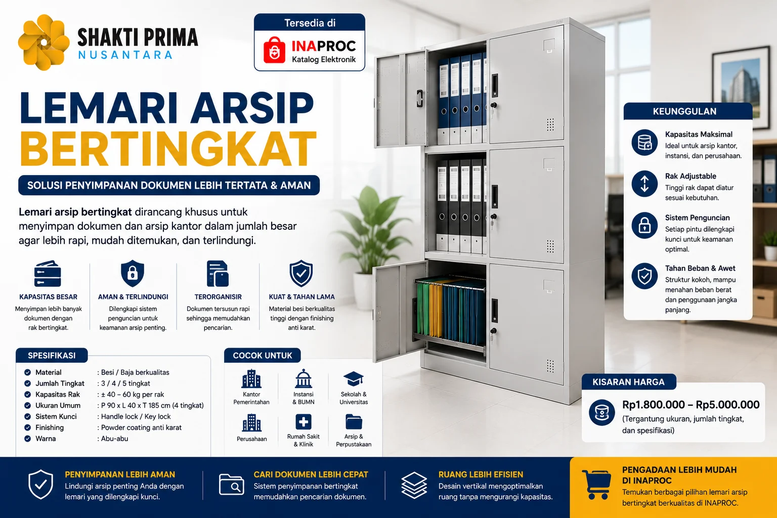 Banner lemari arsip bertingkat untuk penyimpanan dokumen kantor, menampilkan lemari besi bertingkat dengan folder arsip, sistem penguncian, dan kapasitas besar.