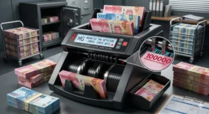 Cara kerja fitur deteksi uang palsu Magnetic Ink (MG) pada mesin hitung uang. Ilustrasi mesin hitung uang otomatis yang mendeteksi kesalahan pada uang kertas Rupiah untuk keamanan transaksi perbankan.