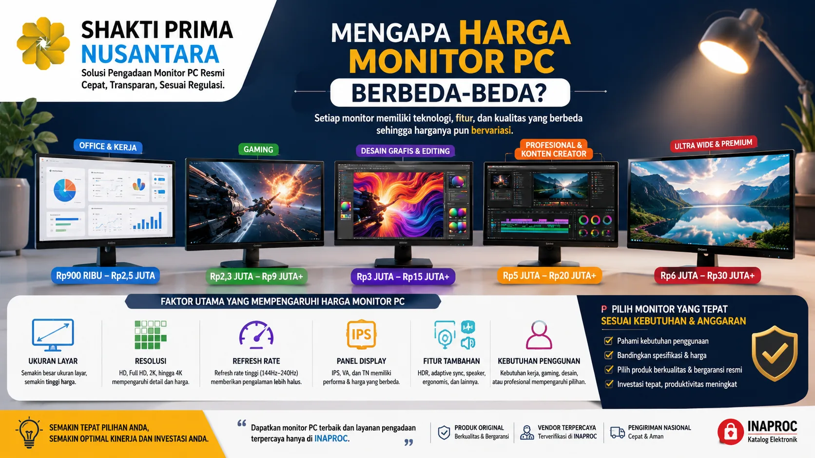 Banner informatif tentang alasan harga monitor PC berbeda-beda yang menampilkan berbagai jenis monitor untuk kantor, gaming, dan desain grafis, disertai faktor penentu harga seperti ukuran layar, resolusi, panel display, refresh rate, serta logo Shakti Prima Nusantara.