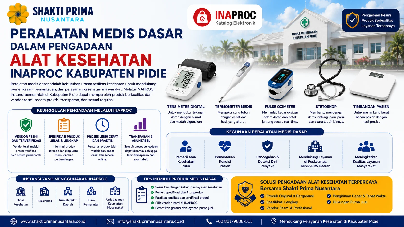 Peralatan Medis Dasar dalam Pengadaan Alat Kesehatan INAPROC Kabupaten Pidie seperti tensimeter digital, termometer medis, pulse oximeter, stetoskop, dan timbangan pasien.