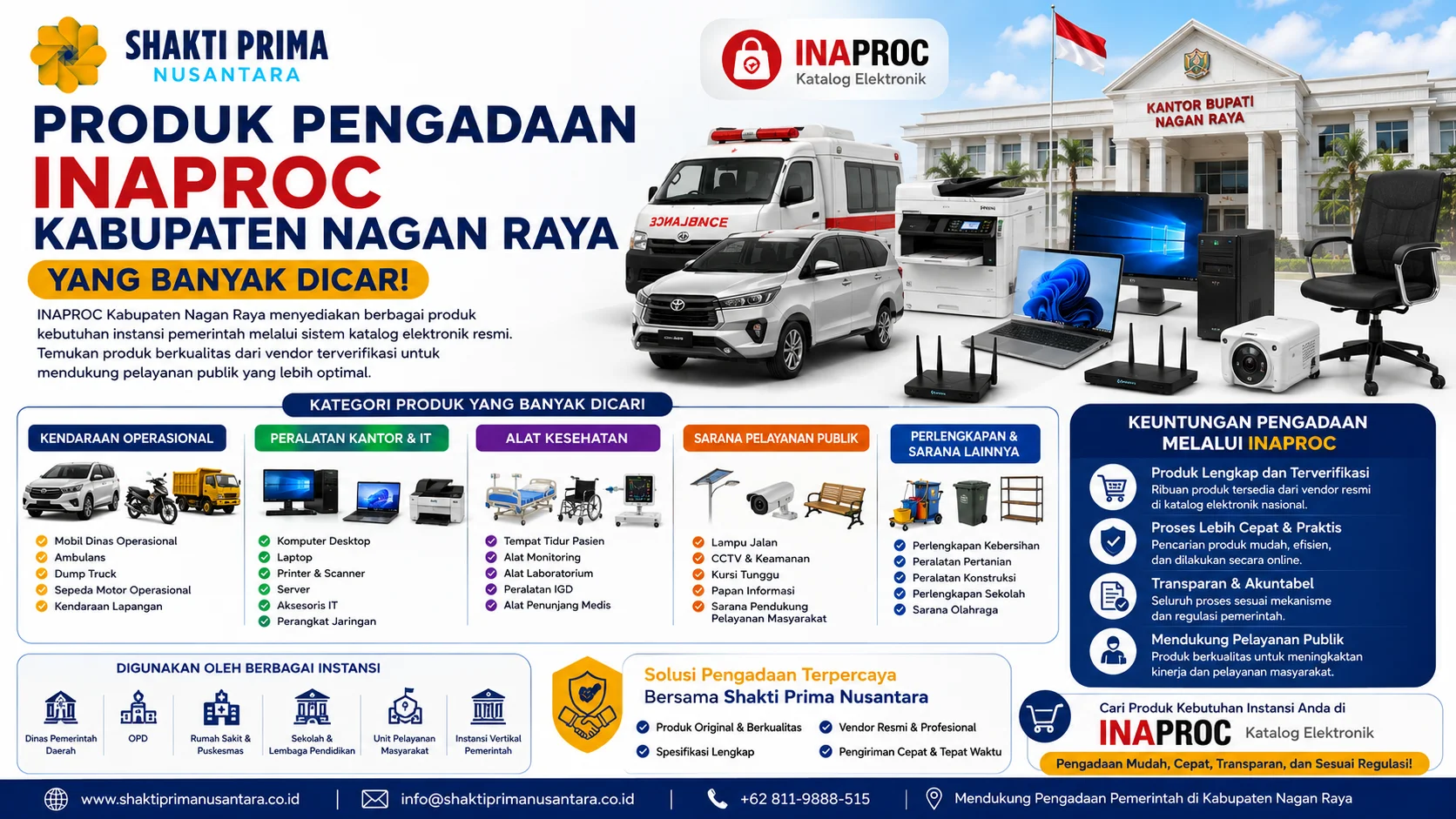 Produk Pengadaan INAPROC Kabupaten Nagan Raya yang banyak dicari seperti kendaraan dinas, alat kesehatan, perangkat kantor, CCTV, dan sarana pelayanan publik dari vendor resmi.