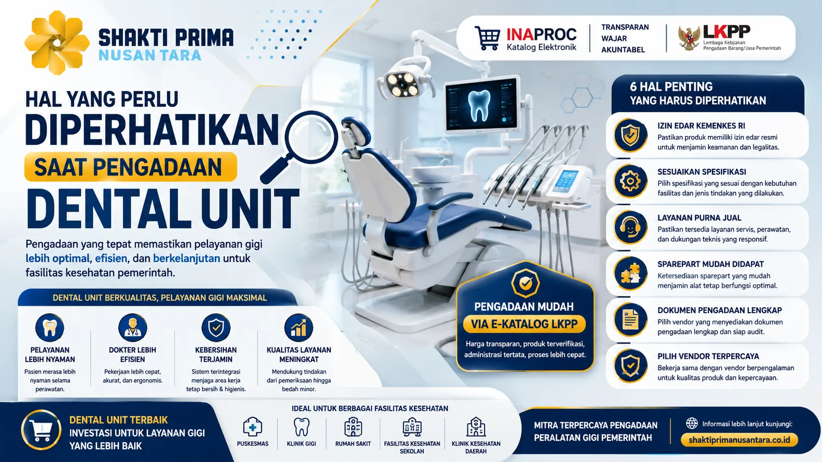 pengadaan dental unit dengan ilustrasi dental unit modern, ikon checklist pengadaan, dan informasi penting seperti izin edar, spesifikasi alat, layanan purna jual, serta dukungan vendor terpercaya untuk fasilitas kesehatan.