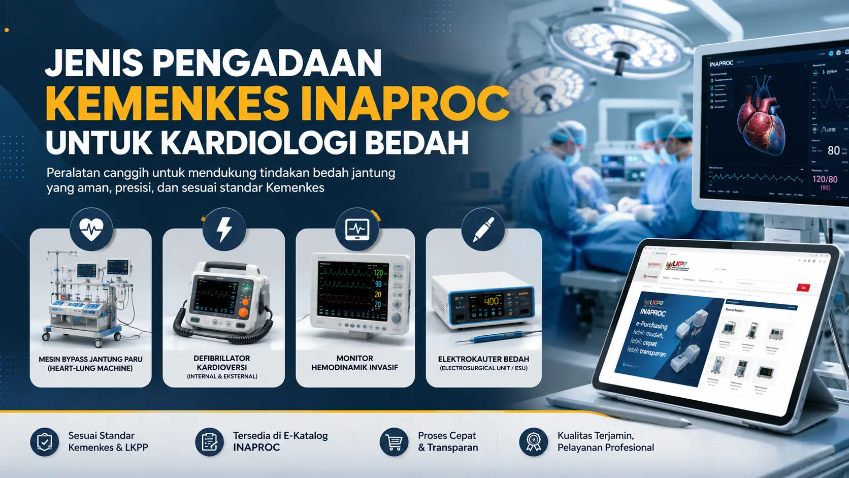ilustrasi pengadaan Kemenkes Inaproc untuk peralatan kardiologi bedah, menampilkan suasana ruang operasi jantung modern dengan perangkat medis seperti mesin bypass jantung-paru, defibrillator, monitor hemodinamik, dan elektrokauter yang tersedia melalui sistem e-katalog Inaproc.