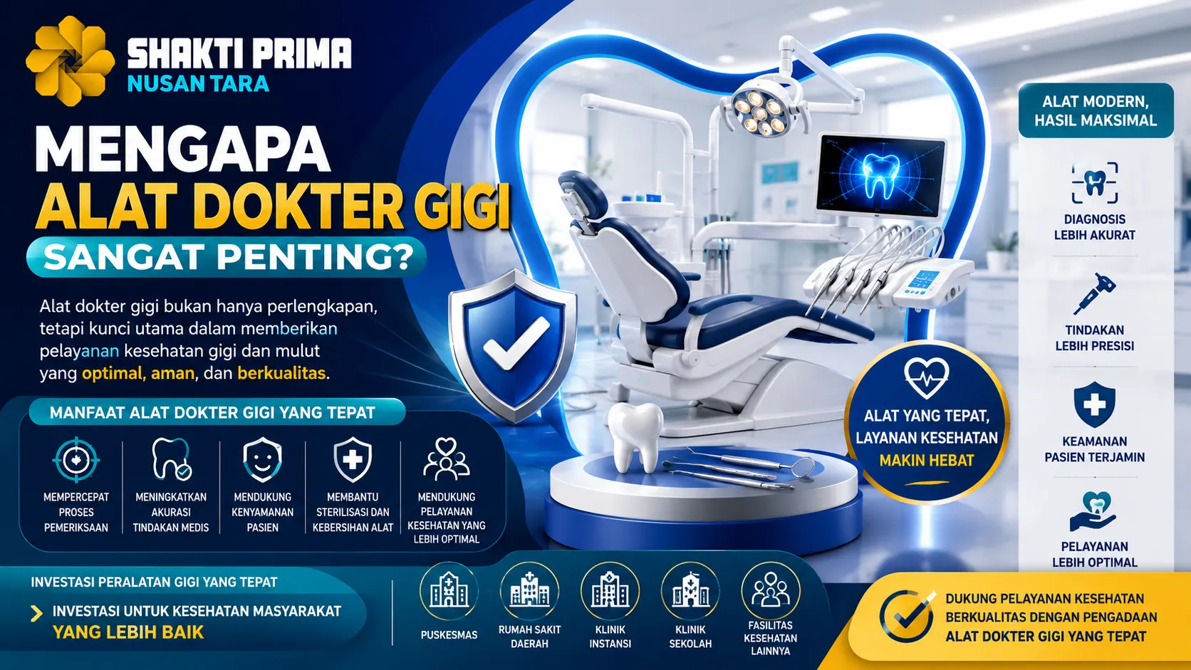 tentang pentingnya alat dokter gigi dengan ilustrasi dental unit modern, instrumen kedokteran gigi, dan simbol keamanan yang mendukung pelayanan kesehatan gigi yang optimal, aman, dan berkualitas.