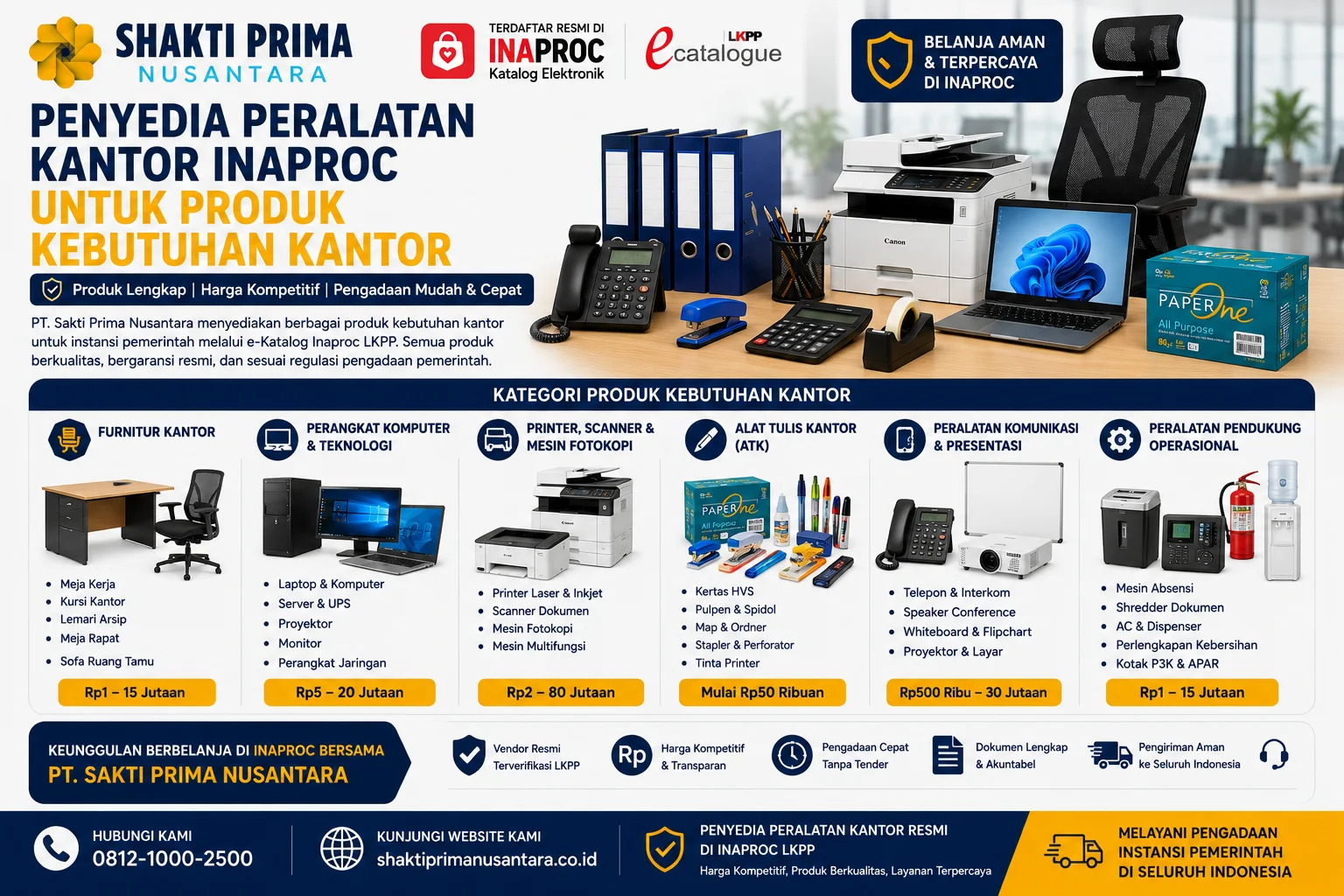 Penyedia Peralatan Kantor Inaproc untuk Produk Kebutuhan Kantor menampilkan berbagai kategori produk seperti meja kantor, komputer, printer, alat tulis kantor, perangkat komunikasi, dan perlengkapan operasional instansi pemerintah.