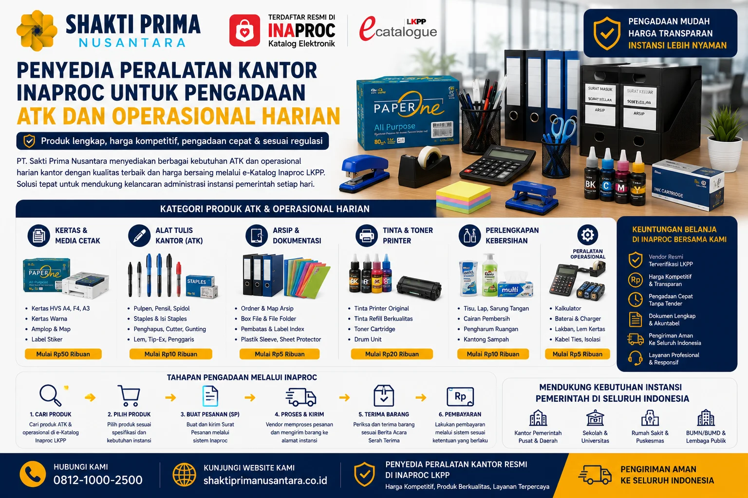 Penyedia Peralatan Kantor Inaproc untuk Pengadaan ATK dan Operasional Harian menyediakan kertas HVS, alat tulis kantor, arsip dokumen, tinta printer, perlengkapan kebersihan, dan kebutuhan operasional kantor lainnya.