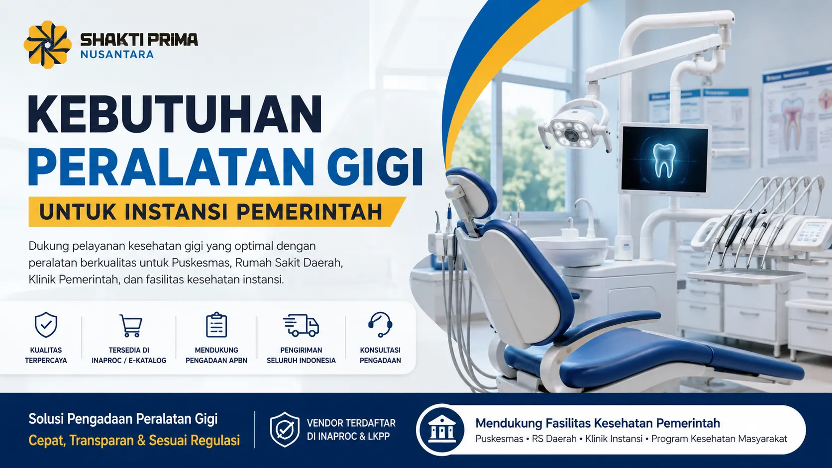 kebutuhan peralatan gigi untuk instansi pemerintah dengan ilustrasi ruang praktik dokter gigi modern, dental unit, dan informasi pengadaan melalui Inaproc serta e-Katalog LKPP.