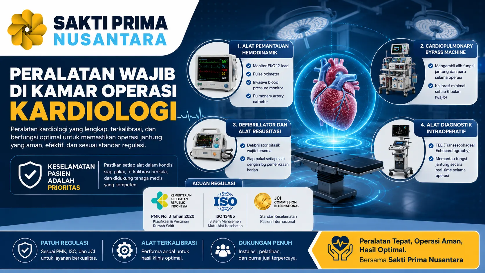 Banner yang menampilkan peralatan wajib di kamar operasi kardiologi, seperti monitor hemodinamik, mesin bypass jantung-paru, defibrillator, dan alat diagnostik intraoperatif untuk mendukung tindakan bedah jantung yang aman dan sesuai standar.