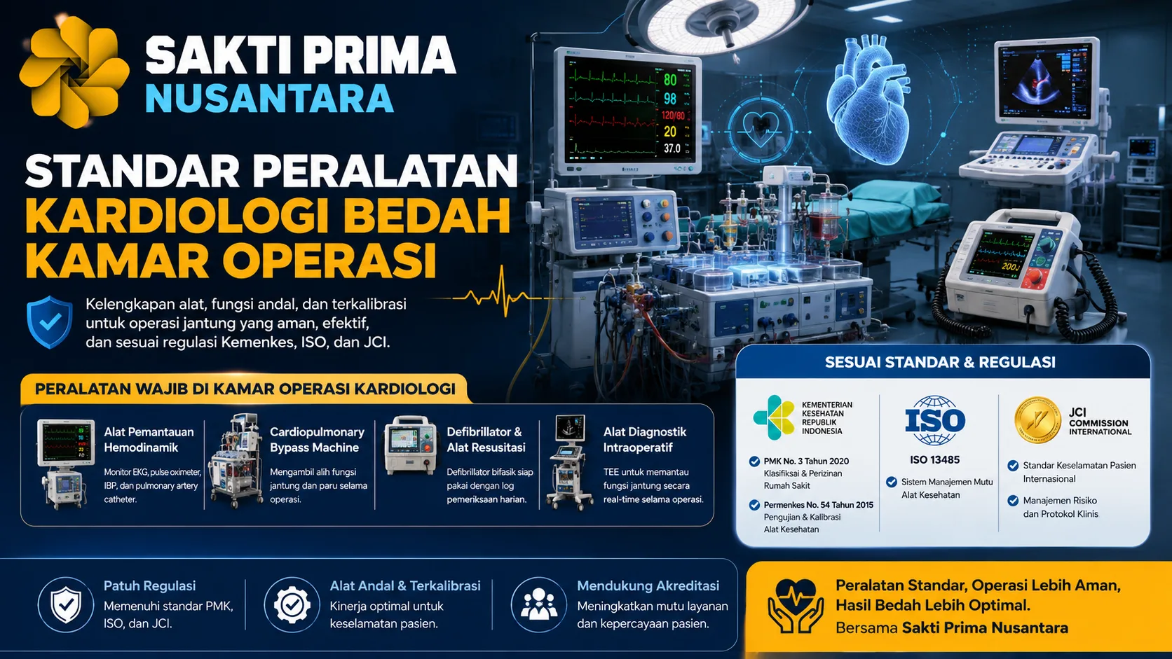 Banner yang menampilkan standar peralatan kardiologi bedah di kamar operasi, termasuk monitor hemodinamik, mesin bypass jantung-paru, defibrillator, dan alat diagnostik intraoperatif untuk mendukung prosedur bedah jantung yang aman dan sesuai regulasi.