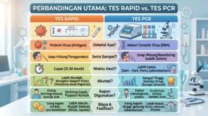 Tabel perbandingan utama antara tes rapid antigen dan tes PCR, menjelaskan perbedaan komponen deteksi protein vs materi genetik virus RNA, jenis sampel usap, waktu hasil, tingkat akurasi standar emas, dan estimasi biaya laboratorium.
