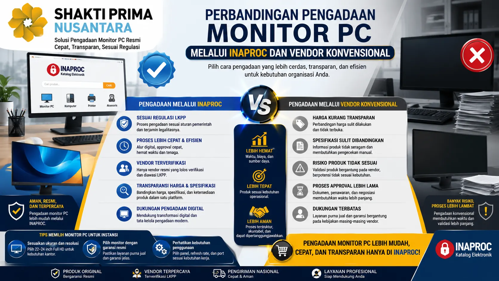 Banner perbandingan pengadaan monitor PC melalui Inaproc dan vendor konvensional yang menampilkan ilustrasi monitor komputer, platform e-katalog digital, perbandingan proses pengadaan, serta logo Shakti Prima Nusantara sebagai penyedia solusi perangkat IT resmi dan terpercaya.Banner perbandingan pengadaan monitor PC melalui Inaproc dan vendor konvensional yang menampilkan ilustrasi monitor komputer, platform e-katalog digital, perbandingan proses pengadaan, serta logo Shakti Prima Nusantara sebagai penyedia solusi perangkat IT resmi dan terpercaya.