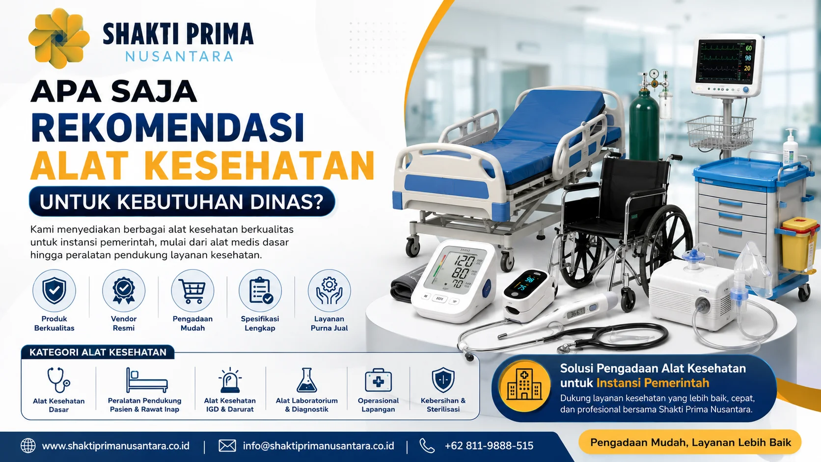 Rekomendasi alat kesehatan untuk kebutuhan dinas dengan produk medis seperti ranjang pasien, kursi roda, monitor pasien, tensimeter digital, dan nebulizer dari Shakti Prima Nusantara.