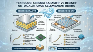 Infografis berjudul "Teknologi Sensor: Kapasitif vs Resistif untuk Alat Ukur Kelembaban Udara". Sisi kiri menjelaskan Sensor Kapasitif dengan struktur berlapis seperti sandwich dielektrik higroskopis, grafik hubungan linear kapasitansi-kelembaban, serta keunggulan akurasi tinggi (±1%), respons cepat, stabilitas panjang, dan tahan polusi. Sisi kanan menjelaskan Sensor Resistif dengan struktur film resistif di atas substrat keramik, grafik hubungan resistansi-kelembaban, serta karakteristik biaya murah, sirkuit sederhana, akurasi lebih rendah, respons lambat, dan rentan drift.