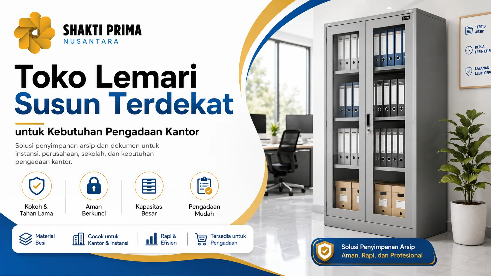 Banner produk lemari susun untuk pengadaan kantor, menampilkan lemari besi, filing cabinet, lemari susun bertingkat, dan lemari knock-down.