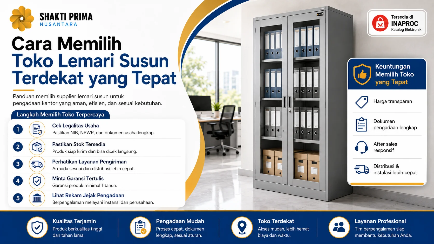 Gambar promosi lemari susun Shakti Prima Nusantara untuk kantor dan instansi, menampilkan solusi penyimpanan arsip yang aman, rapi, efisien, dan profesional.