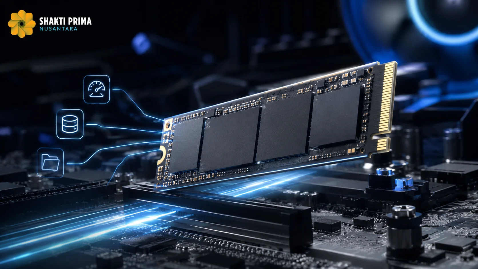 SSD NVMe pada motherboard dengan efek aliran data cepat dan logo Shakti Prima Nusantara.