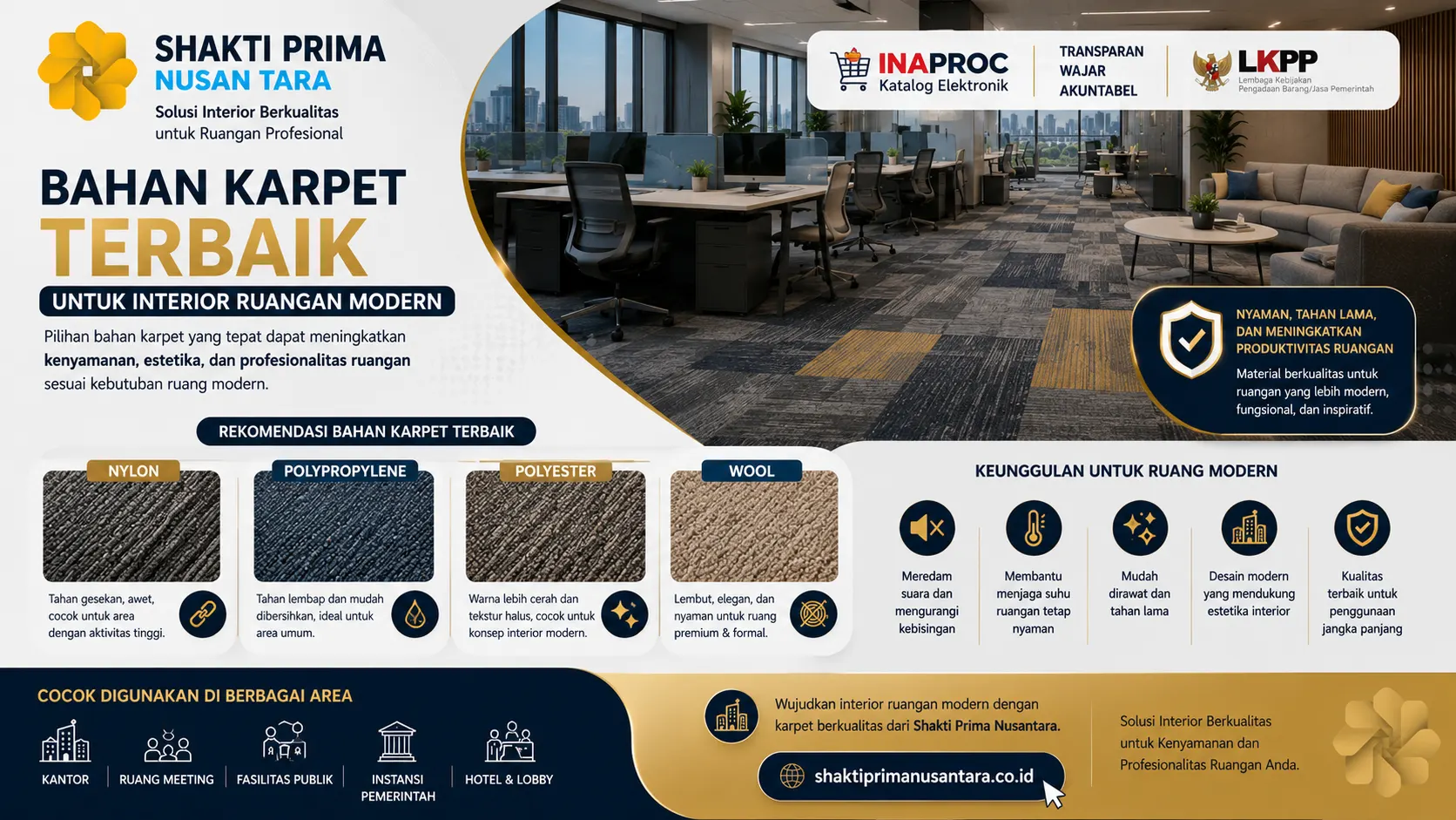 bahan karpet terbaik untuk interior ruangan modern dengan ilustrasi ruang kantor kontemporer, berbagai jenis material karpet berkualitas, serta elemen yang menonjolkan kenyamanan, daya tahan, dan estetika interior profesional.