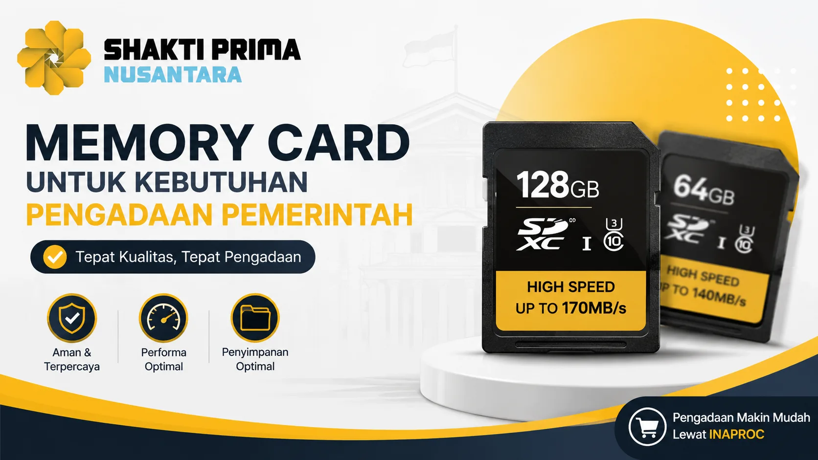 Banner Harga Memory Card pada Pengadaan Kemensetneg di Inaproc dengan ilustrasi memory card berkapasitas tinggi dan logo Shakti Prima Nusantara.