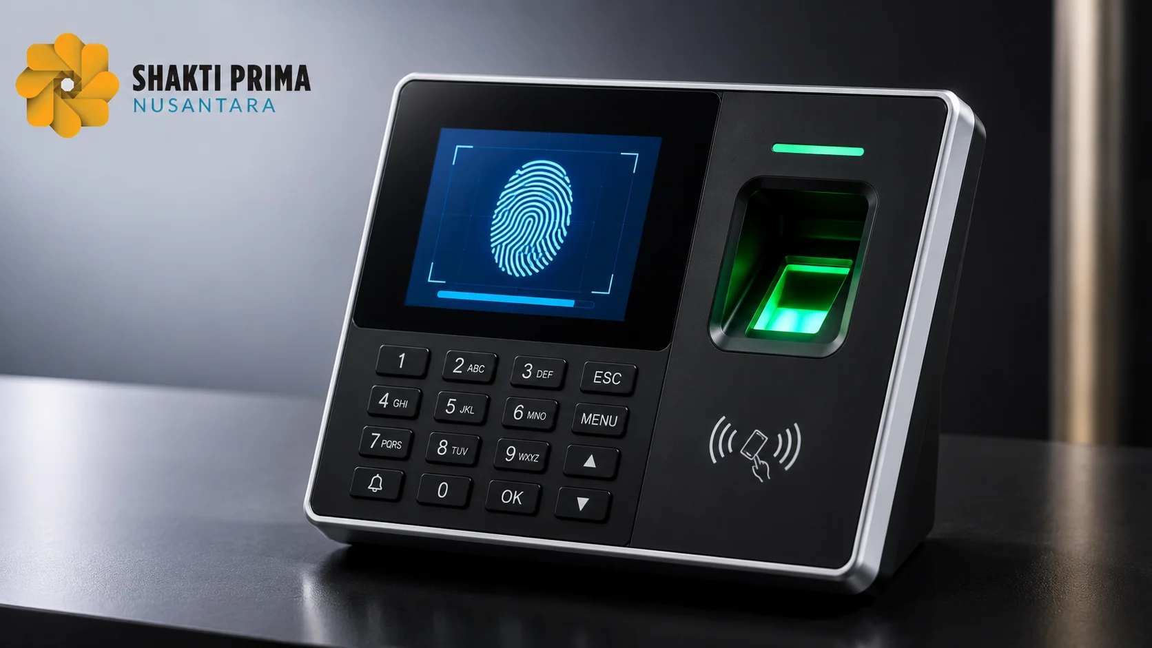 Perangkat fingerprint scanner biometrik modern untuk autentikasi identitas dan kontrol akses dengan teknologi keamanan digital.