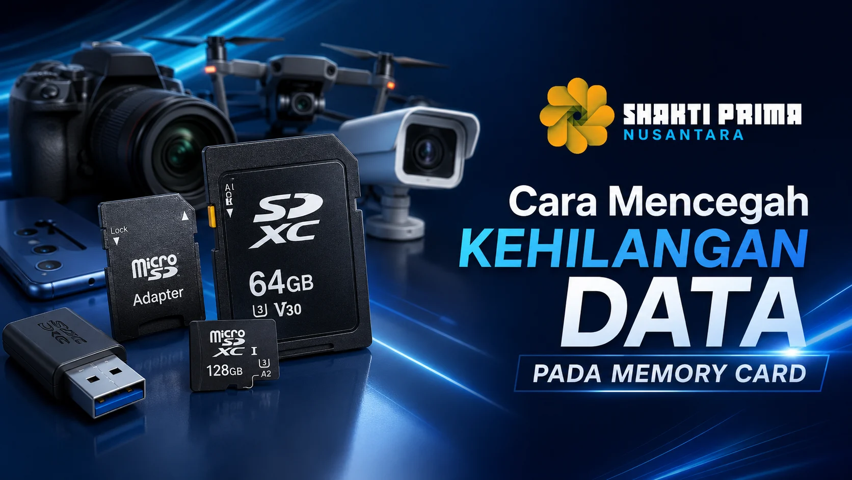 Banner Cara Mencegah Kehilangan Data pada Memory Card dengan logo Shakti Prima Nusantara dan produk memory card.