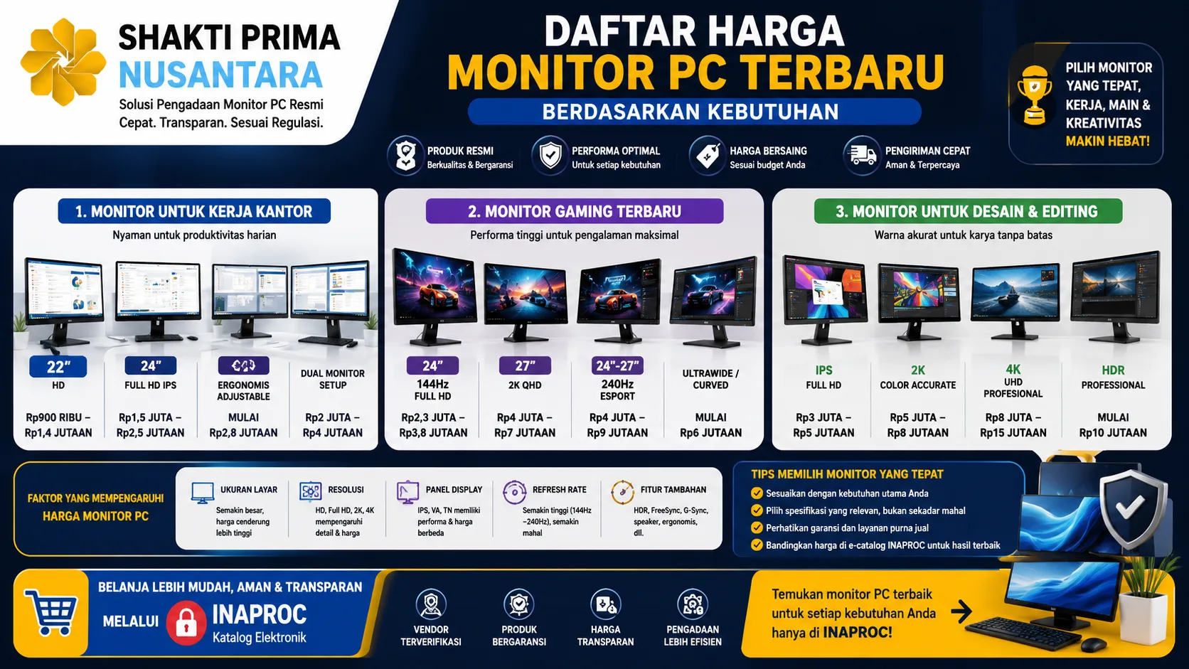 Banner informatif tentang daftar harga monitor PC terbaru berdasarkan kebutuhan, menampilkan kategori monitor untuk kantor, gaming, dan desain grafis lengkap dengan ilustrasi perangkat modern, rentang harga, serta logo Shakti Prima Nusantara sebagai penyedia solusi pengadaan perangkat IT.