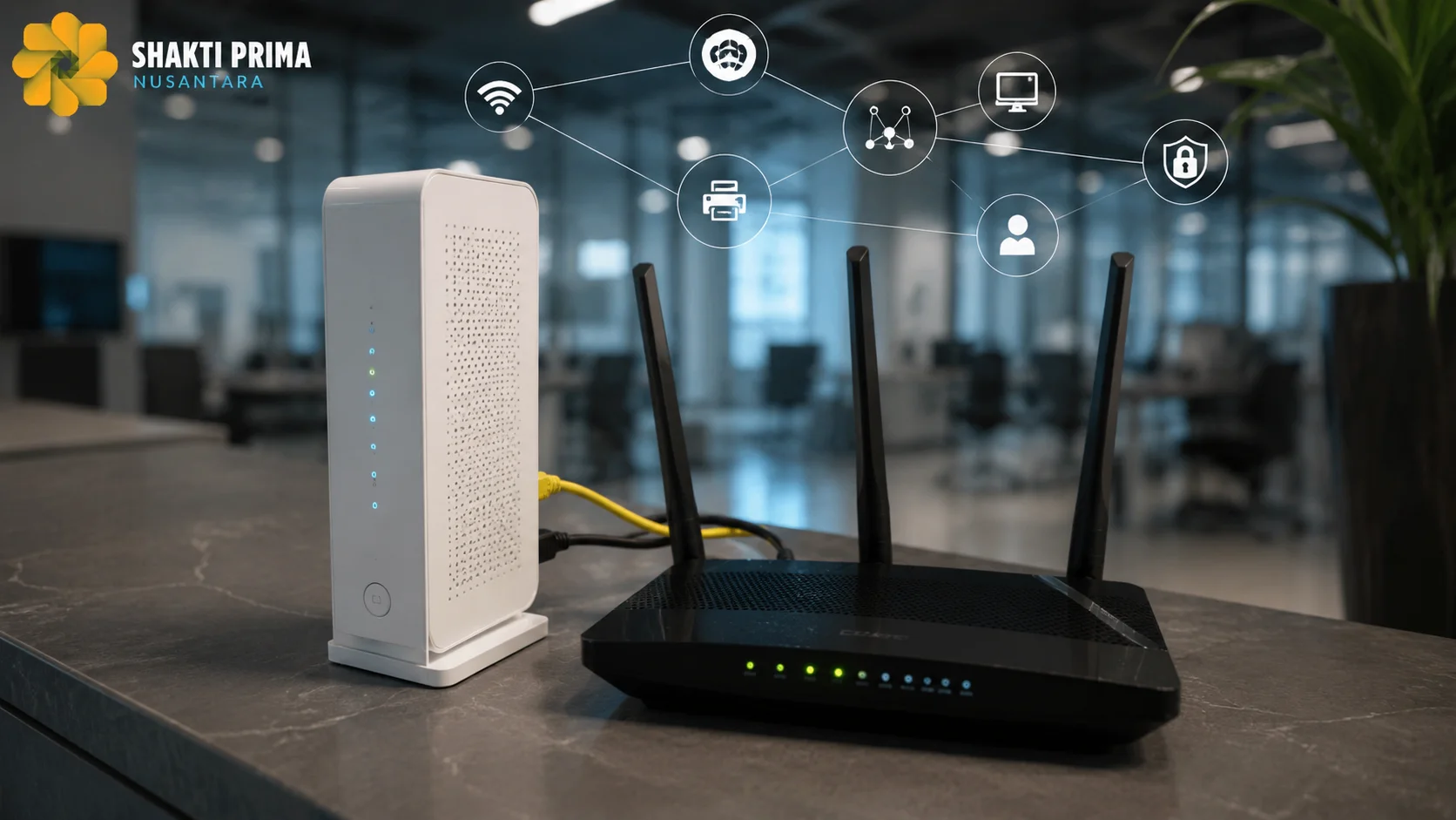Router dan modem modern yang bekerja bersama dalam infrastruktur jaringan untuk mendistribusikan koneksi internet secara stabil, aman, dan efisien ke berbagai perangkat.