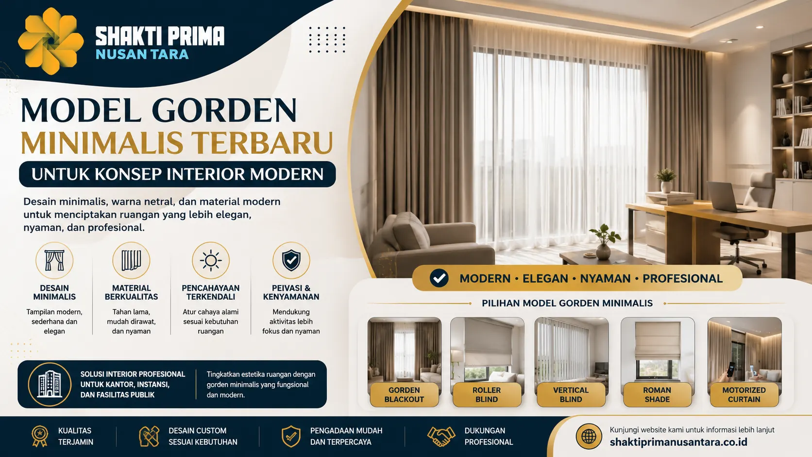 Banner model gorden minimalis terbaru dengan ilustrasi ruang kerja modern, gorden warna netral, dan berbagai pilihan sistem gorden seperti roller blind, vertical blind, roman shade, serta motorized curtain untuk interior profesional.