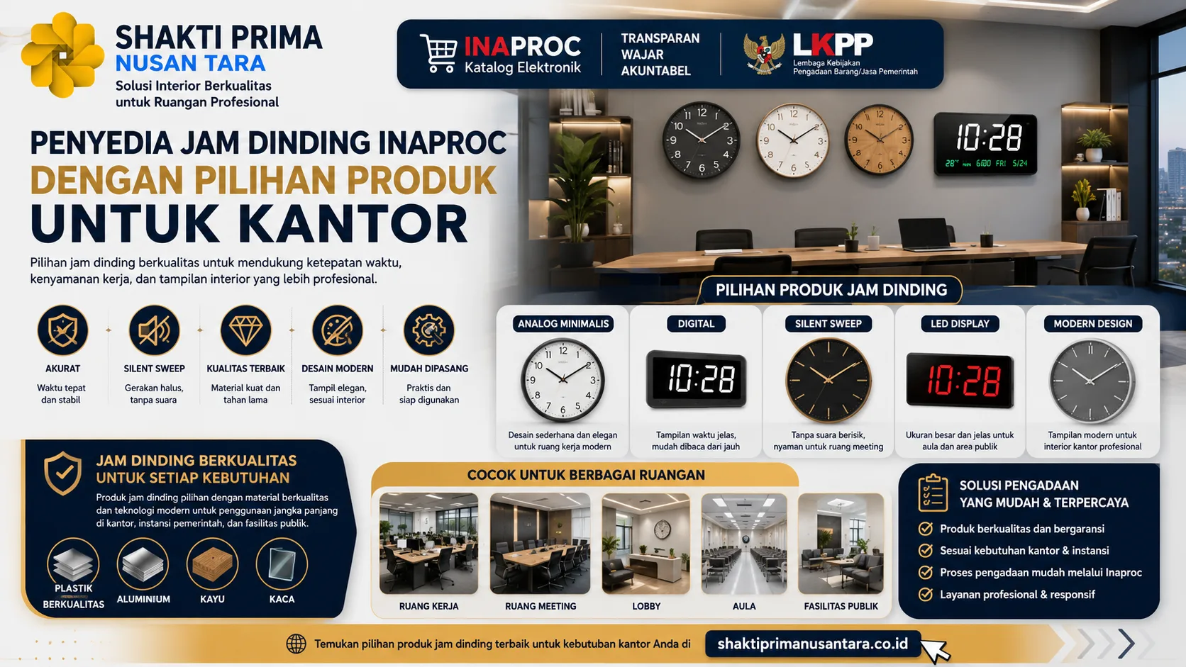 penyedia jam dinding Inaproc dengan pilihan produk untuk kantor yang menampilkan berbagai model jam dinding analog, digital, silent sweep, dan LED display untuk mendukung kebutuhan ruang kerja modern dan fasilitas publik.