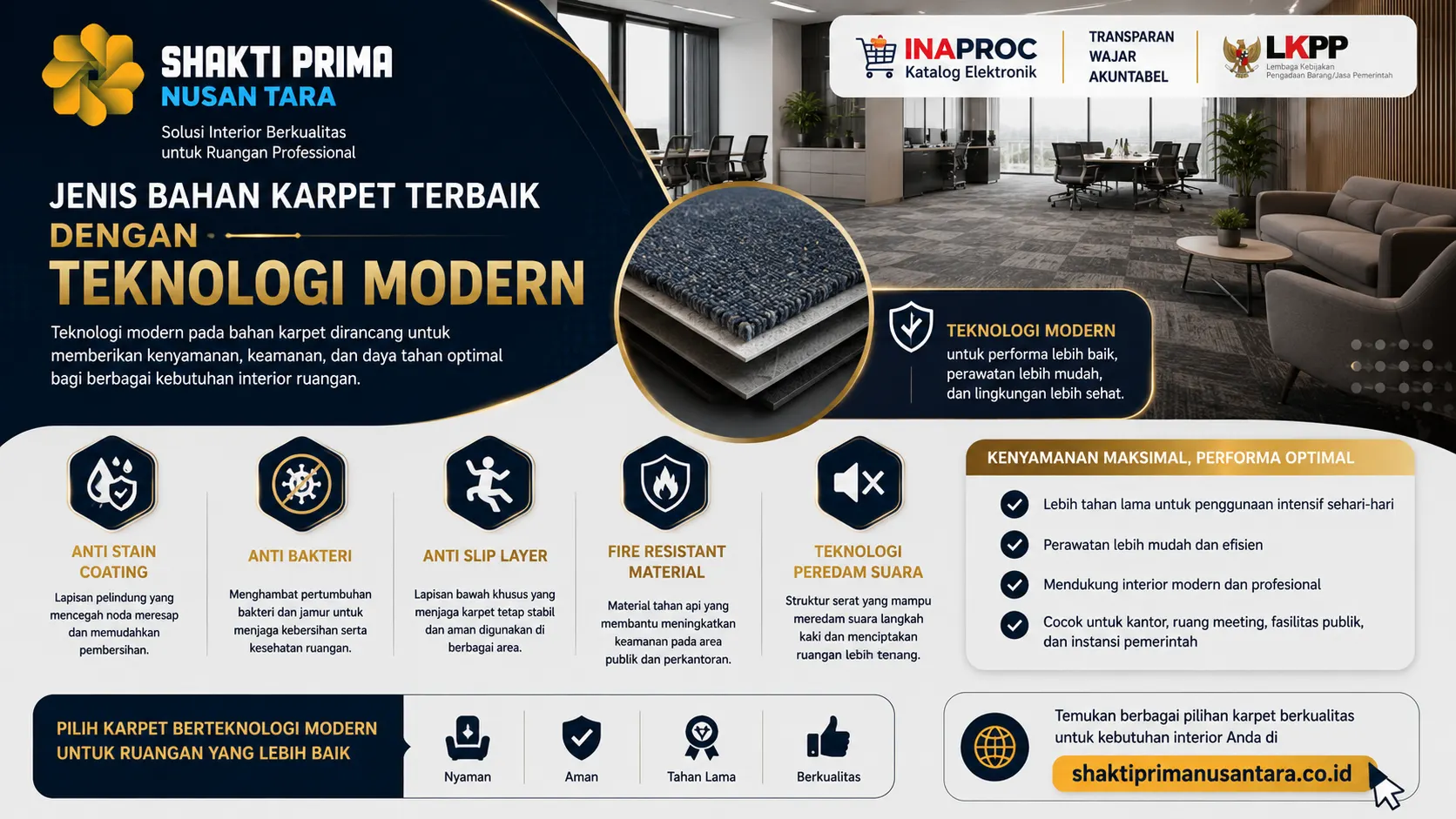 jenis bahan karpet terbaik dengan teknologi modern yang menampilkan karpet inovatif dengan fitur anti noda, anti bakteri, anti slip, tahan api, dan teknologi peredam suara untuk kebutuhan interior kantor dan fasilitas publik.