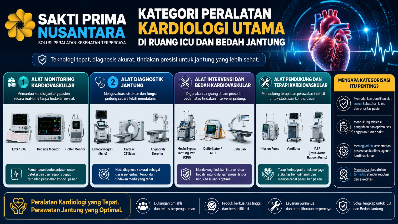 Banner yang menampilkan kategori utama peralatan kardiologi di ruang ICU dan bedah jantung, meliputi alat monitoring, diagnostik, intervensi, serta peralatan pendukung untuk menunjang pemantauan dan penanganan pasien kardiovaskular secara optimal.