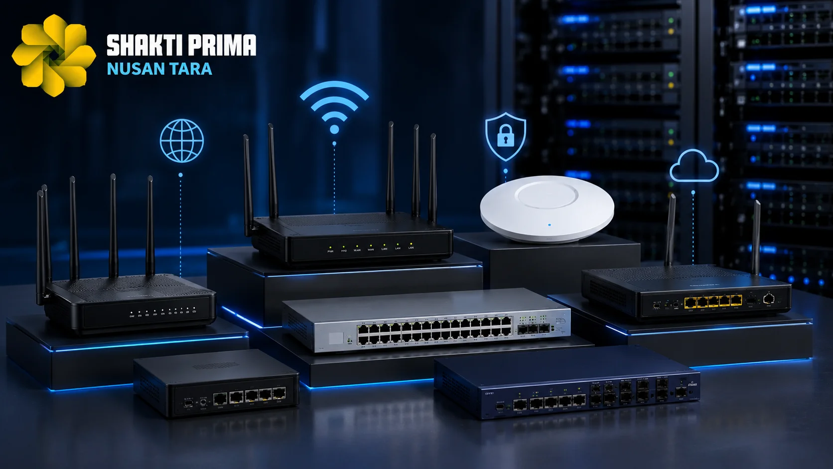 Banner perangkat jaringan yang menampilkan berbagai jenis router, switch, dan access point dengan latar server modern serta logo Shakti Prima Nusantara, menggambarkan beragam jenis router yang umum digunakan dalam sistem jaringan komputer.